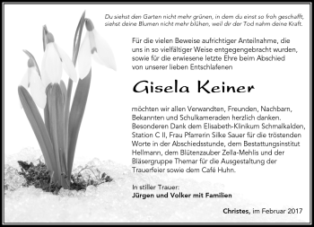 Traueranzeige von Gisela Keiner von Südthüringer Presse