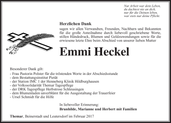 Traueranzeige von Emmi Heckel von Südthüringer Presse