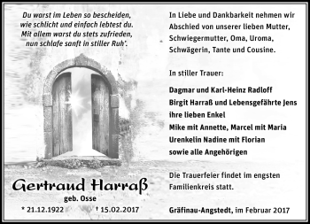 Traueranzeige von Gertraud Harraß von Südthüringer Presse