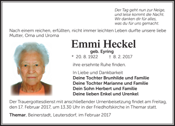 Traueranzeige von Emmi Heckel von Südthüringer Presse