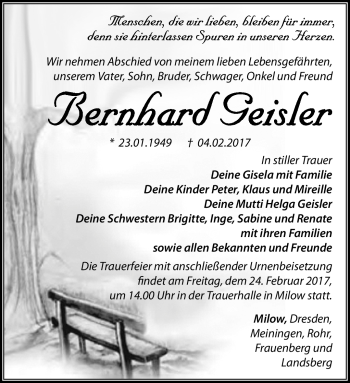 Traueranzeige von Bernhard Geisler von Südthüringer Presse