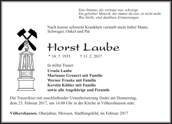 Traueranzeige von Horst Laube von Südthüringer Presse