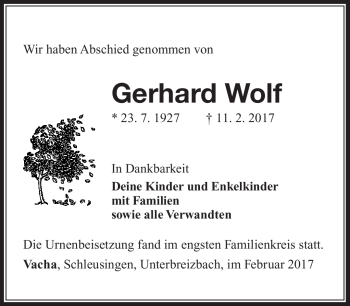 Traueranzeige von Gerhard Wolf von Südthüringer Presse