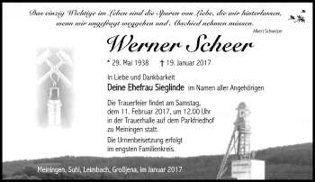Traueranzeige von Werner Scheer von Südthüringer Presse