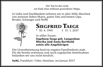 Traueranzeige von Siegfried Taege von Südthüringer Presse