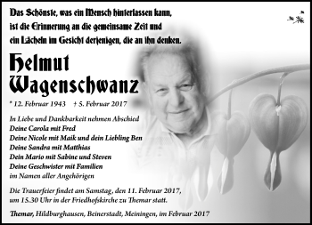 Traueranzeige von Helmut Wagenschwanz von Südthüringer Presse