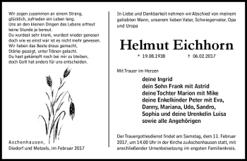 Traueranzeige von Helmut Eichhorn von Südthüringer Presse