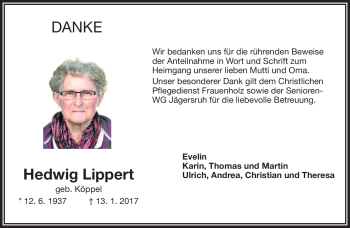 Traueranzeige von Hedwig Lippert von Frankenpost