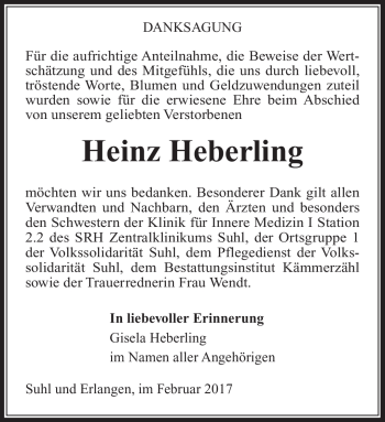 Traueranzeige von Heinz Heberling von Südthüringer Presse