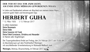 Traueranzeige von Herbert Guha von Südthüringer Presse