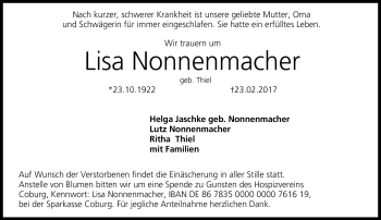 Traueranzeige von Lisa Nonnenmacher von Neue Presse Coburg