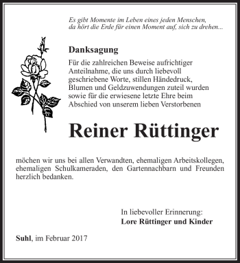 Traueranzeige von Reiner Rüttinger von Südthüringer Presse