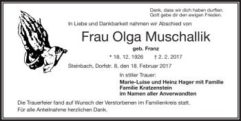 Traueranzeige von Olga Muschalik von Frankenpost