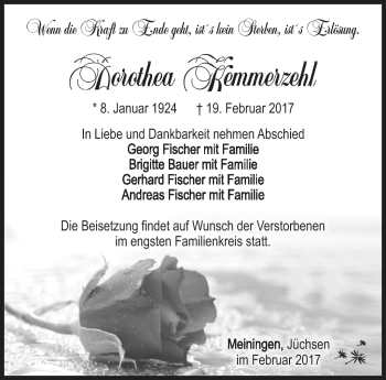Traueranzeige von Dorothea Kemmerzehl von Südthüringer Presse