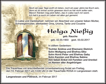 Traueranzeige von Helga Nießig von Südthüringer Presse
