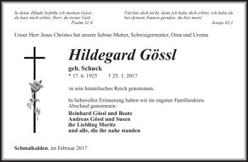 Traueranzeige von Hildegard Gössl von Südthüringer Presse