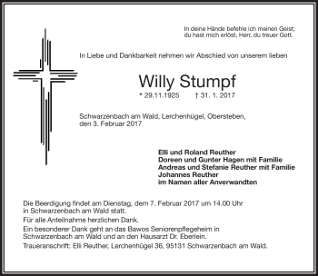 Traueranzeige von Willy Stumpf von Frankenpost