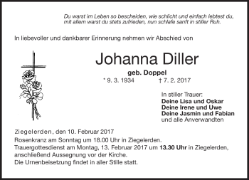 Traueranzeige von Johanna Diller von Neue Presse Coburg