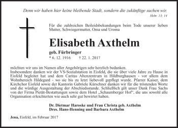 Traueranzeige von Elisabeth Axthelm von Südthüringer Presse