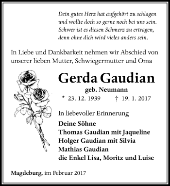 Traueranzeige von Gerda Gaudian von Südthüringer Presse