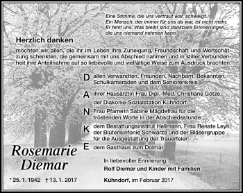 Traueranzeige von Rosemarie Diemar von Südthüringer Presse