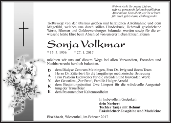 Traueranzeige von Sonja Volkmar von Südthüringer Presse