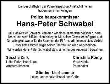 Traueranzeige von Hans-Peter Schwabel von Südthüringer Presse