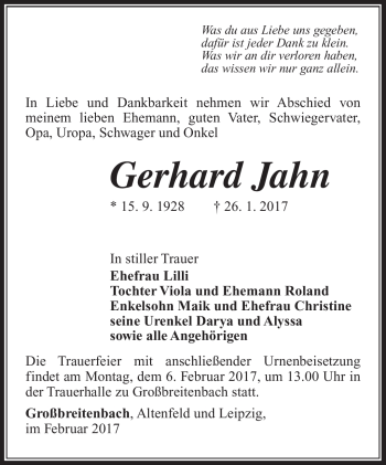 Traueranzeige von Gerhard Jahn von Südthüringer Presse