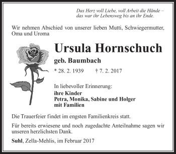 Traueranzeige von Ursula Hornschuh von Südthüringer Presse