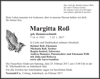Traueranzeige von Margitta Roß von Südthüringer Presse