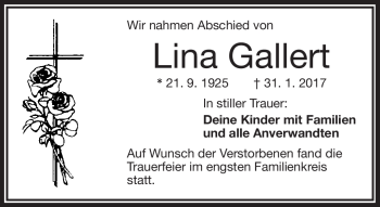 Traueranzeige von Lina Gallert von Frankenpost