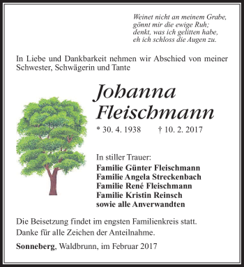 Traueranzeige von Johanna Fleischmann von Südthüringer Presse
