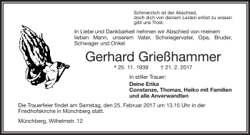 Traueranzeige von Gerhard Grießhammer von Frankenpost
