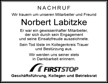 Traueranzeige von Norbert Labitzke von Frankenpost