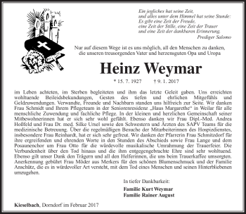 Traueranzeige von Heinz Weymar von Südthüringer Presse