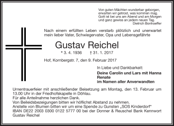 Traueranzeige von Gustav Reichel von Frankenpost