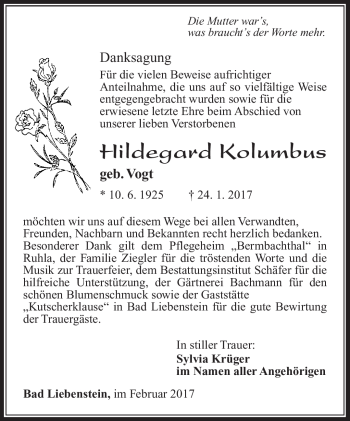 Traueranzeige von Hildegard Kolumbus von Südthüringer Presse