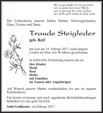 Traueranzeige von Traude Steigleder von Südthüringer Presse