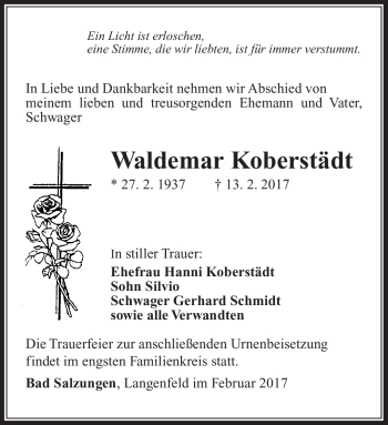 Traueranzeige von Waldemar Koberstädt von Südthüringer Presse