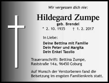 Traueranzeige von Hildegard Zumpe von Neue Presse Coburg