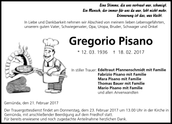 Traueranzeige von Gregorio Pisano von Neue Presse Coburg
