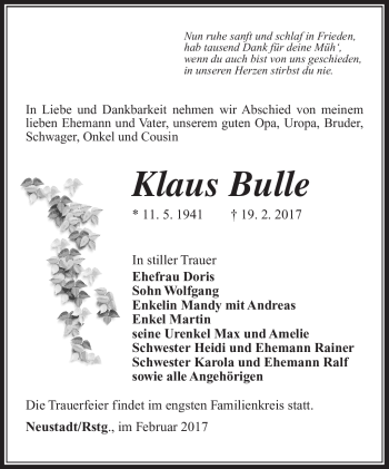 Traueranzeige von Klaus Bulle von Südthüringer Presse