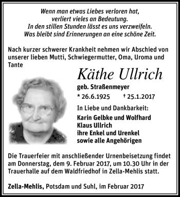 Traueranzeige von Käthe Ullrich von Südthüringer Presse