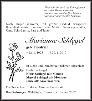 Traueranzeige von Marianne Schlegel von Südthüringer Presse