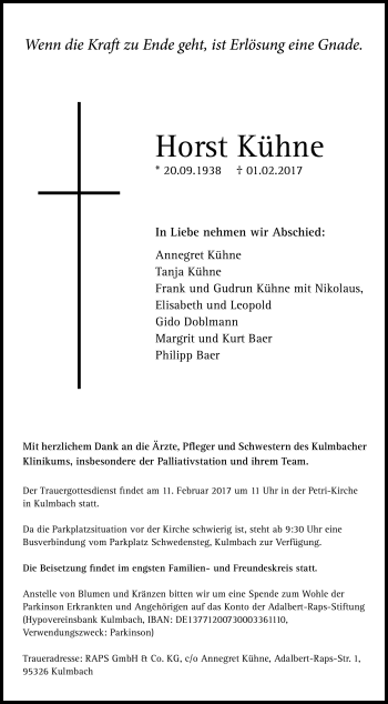 Traueranzeige von Horst Kühne von Frankenpost