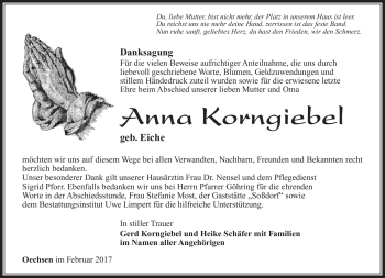 Traueranzeige von Anna Korngiebel von Südthüringer Presse