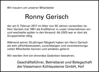 Traueranzeige von Ronny Gerisch von Frankenpost