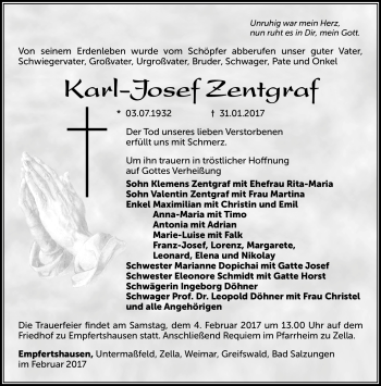Traueranzeige von Karl-Josef Zentgraf von Südthüringer Presse