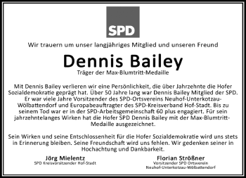 Traueranzeige von Dennis Bailey von Frankenpost