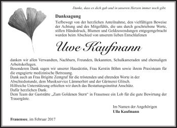 Traueranzeige von Uwe Kaufmann von Südthüringer Presse